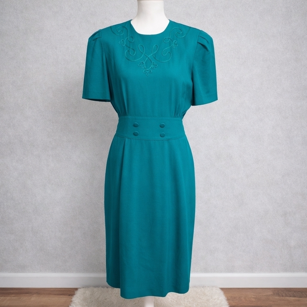 Vintage Via Sant Andrea Embroidered Teal Midi Dress 1980s Secretary Office Siren